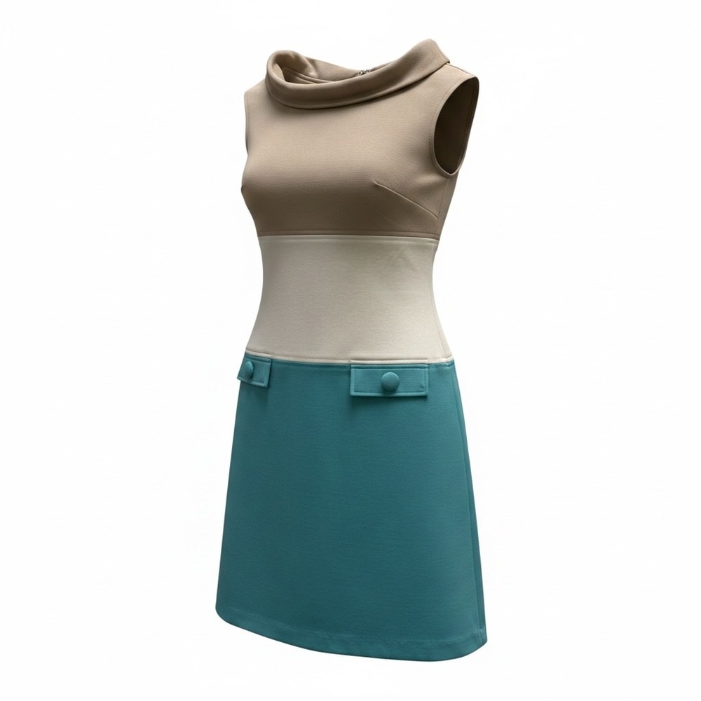 Taylor Women Colorblock Shift Dress Tan/Cream/Teal Blue Mod Retro Sleeveless 6